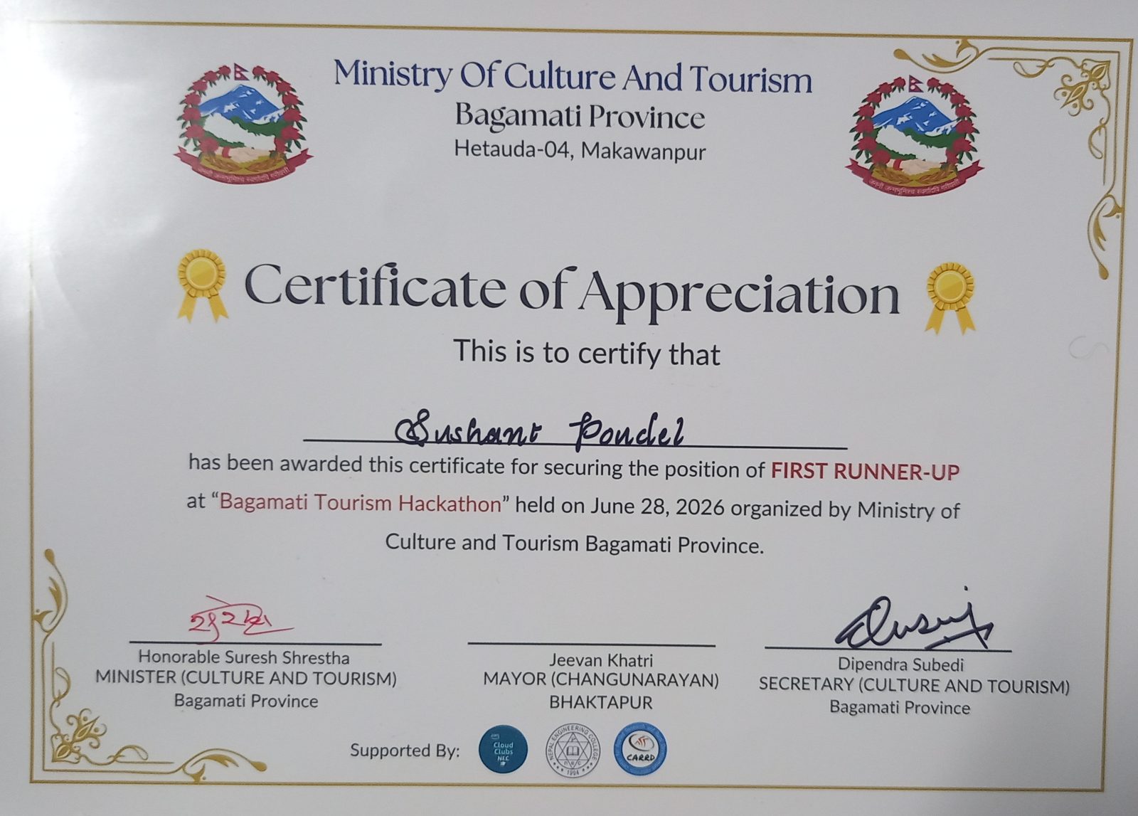 Bagmati Province Hackathon Certificate